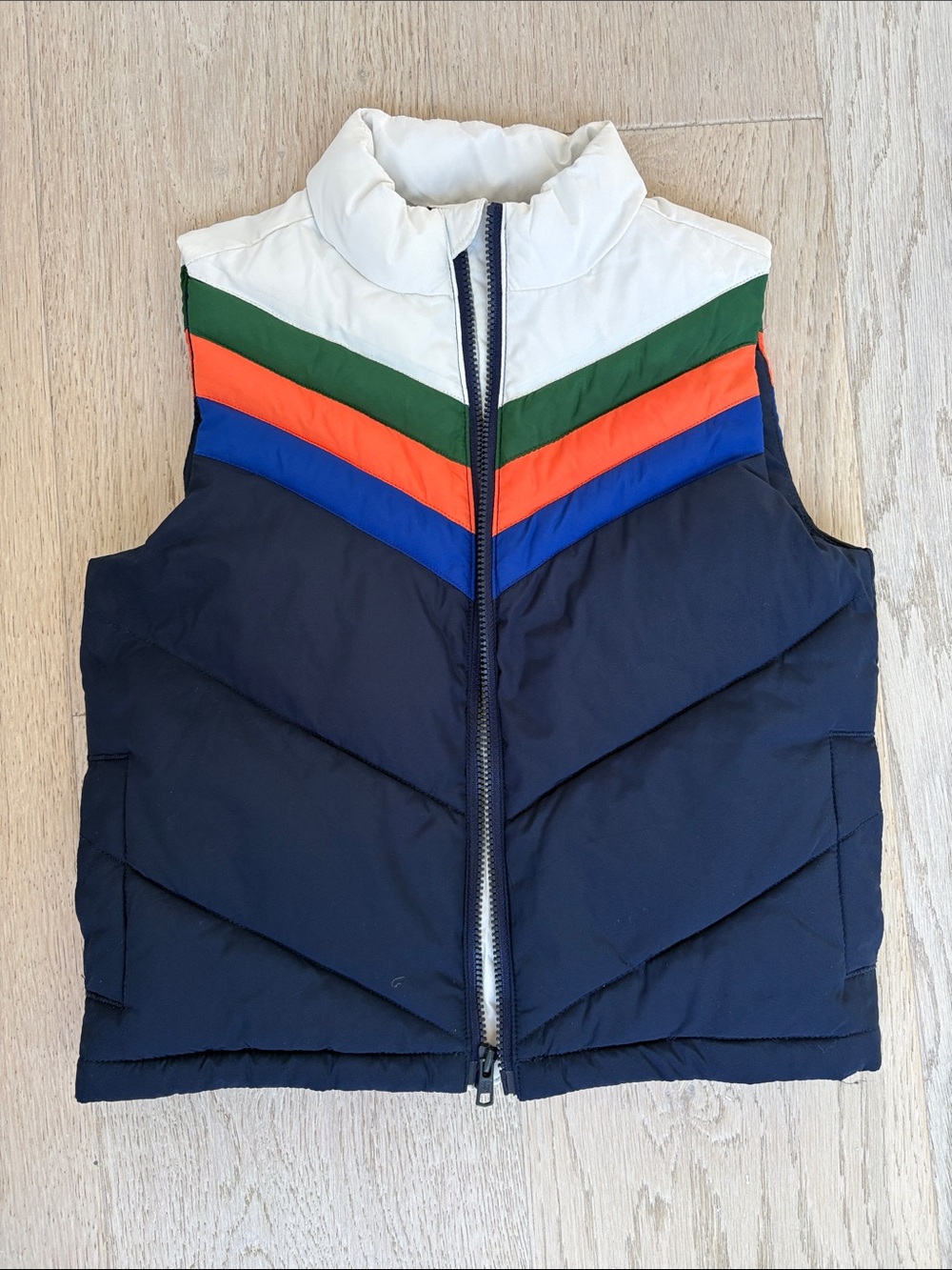 Janie and Jack Navy Puffer Vest with White, Green, Orange & Blue Chevrons